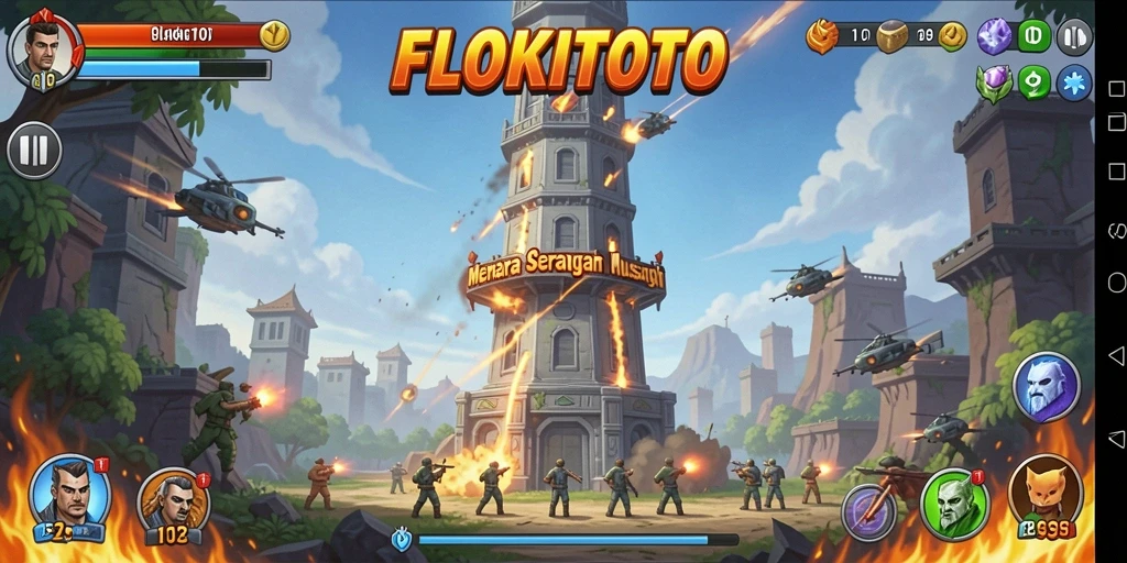 Tangkapan layar dari gameplay menara pertahanan di FLOKITOTO.