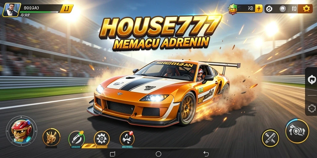 Gameplay HOUSE777 yang mendebarkan dengan mobil balap di lintasan.