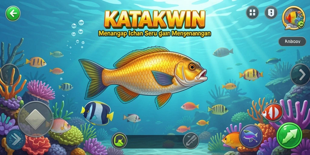 Tampilan utama gameplay KATAKWIN dengan momen menangkap ikan.