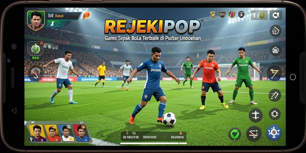 Screenshot gameplay seru dari REJEKIPOP yang menampilkan aksi sepak bola.