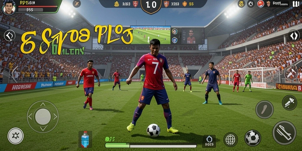 Screenshot gameplay RP55 yang menunjukkan aksi seru sepak bola.